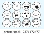 Doodle or hand drawn Emoji face icon set.  Emoji with emotion mood variation, happy, sad, smile face. Smiley vector illustration.
