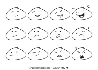 Doodle oder handgezeichnete Emoji Gesichtssymbole.  Emoji mit emotionaler Stimmungsschwankung, glücklich, traurig, lächelnd Gesicht. Smiley, Vektorgrafik.
