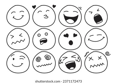 Doodle oder handgezeichnete Emoji Gesichtssymbole.  Emoji mit emotionaler Stimmungsschwankung, glücklich, traurig, lächelnd Gesicht. Smiley, Vektorgrafik.
