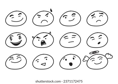 Doodle or hand drawn Emoji face icon set.  Emoji with emotion mood variation, happy, sad, smile face. Smiley vector illustration.
