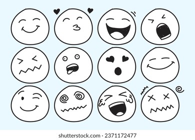 Doodle or hand drawn Emoji face icon set.  Emoji with emotion mood variation, happy, sad, smile face. Smiley vector illustration.
