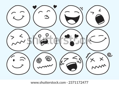 Doodle or hand drawn Emoji face icon set.  Emoji with emotion mood variation, happy, sad, smile face. Smiley vector illustration.
