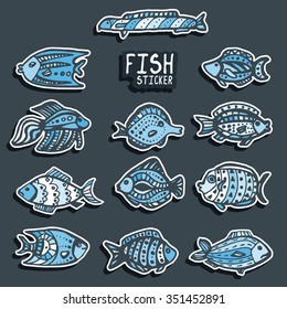Doodle hand drawn fish stickers. Vector illustration.