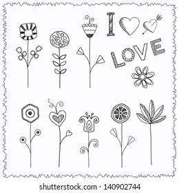 Doodle hand drawn flower set