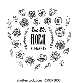 Doodle hand drawn flowers set. Collection of floral design elements.