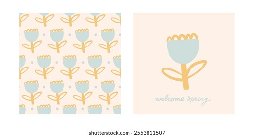 Doodle hand drawn flowers vector print and patterns. Seamless pattern with doodle crown. minimalistic kids textile pattern 