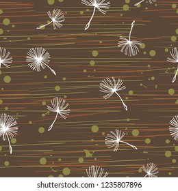 Doodle hand drawn flying white dandelion flowers on brown. Vector seamless minimalistic pattern. Endless pattern for wallpaper, pattern fills, web page background, textures. Hand drawn, botany.