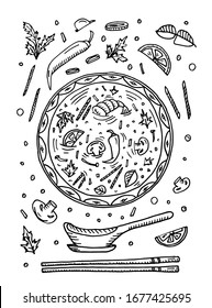 Doodle hand drawn food soup Tom Yum Goong, Thai Hot & Sour Soup ingredients, freshly made, with food sticks and spoon. Vector illustration on white background, objects isolated
