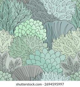 Bosque dibujado a mano Doodle en estilo lineal. Patrón floral sin fisuras. Ilustración vectorial.