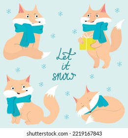 Doodle hand drawn fox set. Funny fox in a knitted scarf. Vector illustration for holidays.