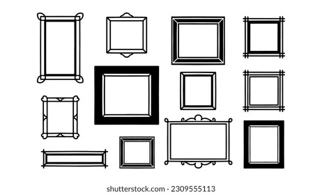 Doodle hand drawn frame set. Sketch drawing vector frames collection. pack of empty blank outline illustration, decorative square black stroke.