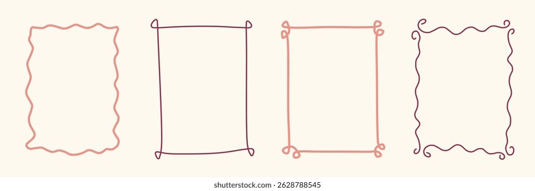 Doodle hand drawn frames with abstract wavy lines, bows and ribbons. Coquette retro set. Trendy vintage whimsical borders for wedding invitations, birthday card, prints. Vector modern illustration.