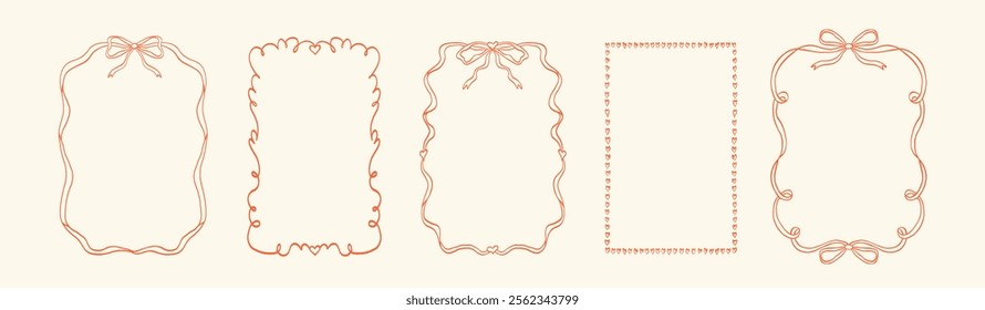 Doodle hand drawn frames with hearts, wavy lines, bows and ribbons. Coquette retro set. Trendy vintage whimsical borders for wedding invitations, birthday card, prints. Vector modern illustration.