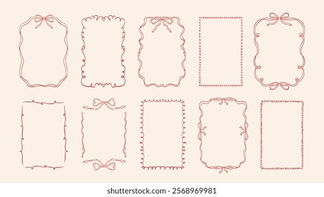 Doodle hand drawn frames with hearts, wavy lines, bows and ribbons. Coquette retro set. Trendy vintage whimsical borders for wedding invitations, birthday card, prints. Vector modern illustration.