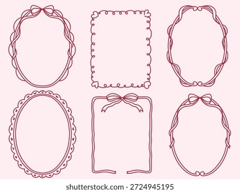 Doodle dibujado a mano marcos con corazones, lazos y cintas. Conjunto retro Coquette. Fronteras caprichosas vintage de moda para invitaciones de boda, tarjeta de cumpleaños, estampados, día de San Valentín. Vector ilustración moderna.