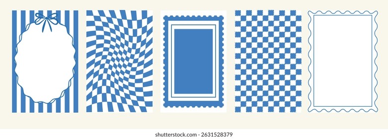 Doodle hand drawn frames in stamp style. Vintage blue ornament borders with bows, ribbon for wedding, greeting cards, menu, prints, picnic invitations. Mediterranean sea coastal aesthetics.