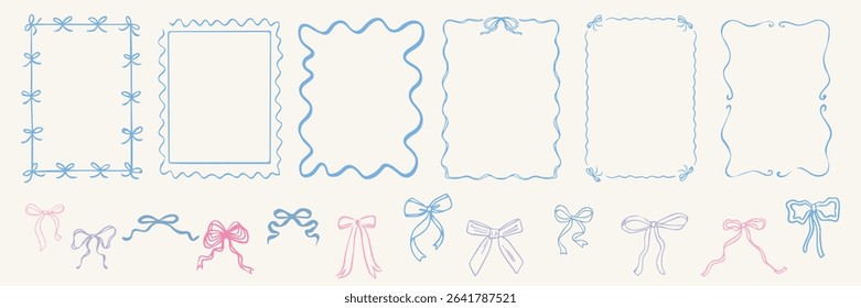 Doodle hand drawn frames with  wave and bows. Minimalist line art. Vintage blue ornament borders for wedding, greeting cards, menu, picnic invitations. Mediterranean sea coastal vibe