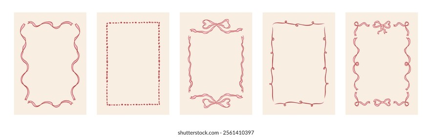 Doodle hand drawn frames with wavy lines, bows and ribbons. Coquette retro collection. Trendy vintage whimsical borders for wedding invitations, birthday card, prints. Vector modern illustration.