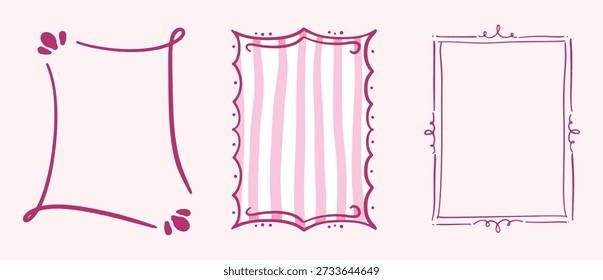 Doodle marcos dibujados a mano con líneas onduladas, lazos y cintas. Arte de línea simple minimalista. Fronteras caprichosas vintage de moda para invitaciones de boda, tarjeta de cumpleaños, impresiones. Vector ilustración moderna.
