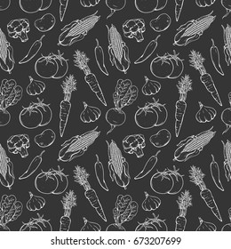 doodle or hand drawn fresh vegetables in seamless pattern with black background
