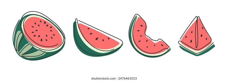 Doodle hand drawn fresh watermelon. Half and slices of ripe red watermelon. Ingredient fruit berry for cocktail lemonade. Healthy natural organic diet refreshment food. Modern cute summer dessert