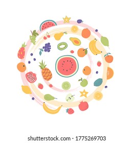 Doodle hand drawn fruits concept. Multi fruit juice. Fruit collection - apple, orange, lemon, blueberry, pomegranate, kiwi, avocado, banana, watermelon, lime. Vegan, vegetarian nutrition set. Vector.