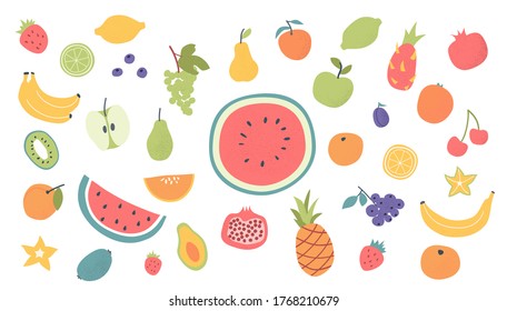 Doodle hand drawn fruits set. Vegan tropical exotic fruits - apple, orange, lemon, blueberry, pomegranate, kiwi, avocado, banana. Vegan, vegetarian nutrition set. Doodle isolated icons. Vector.