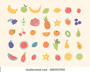 Doodle hand drawn fruits set. Vegan tropical exotic fruits - apple, orange, lemon, blueberry, pomegranate, kiwi, avocado, banana. Vegan, vegetarian nutrition set. Doodle isolated icons. Vector.