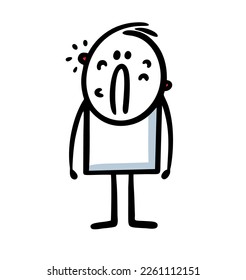 Doodle hand drawn frustrated teenager with pimples on his face stands sadly. Vector illustration of stick fihure person with unhealthy skin.