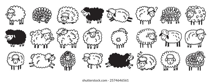 Doodle hand drawn funny cute sheep outline set. Drawing sheep. Vector illustration