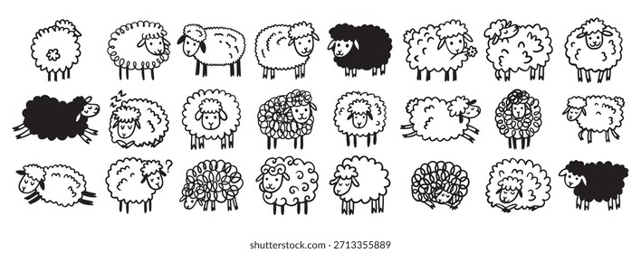 Doodle dibujado a mano lindo lindo conjunto de contorno de ovejas. Dibujando ovejas. Ilustración vectorial