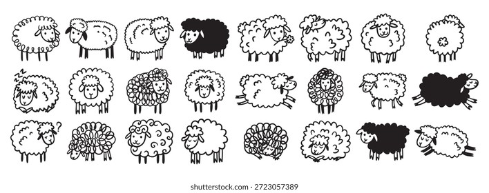 Mão de doodle desenhado engraçado bonito conjunto de contorno de ovelha. Desenhando ovelhas. Ilustração vetorial