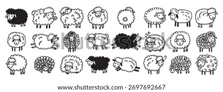 Doodle hand drawn funny cute sheep outline set. Drawing sheep. Vector illustration