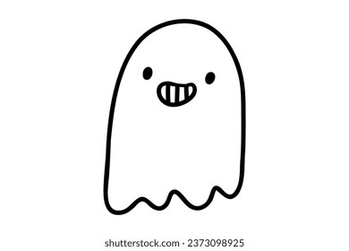 Doodle hand drawn ghost house. Halloween little ghost in cute kawaii style isolated on white background. Trick or treat stock cartoon image.