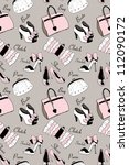 Doodle hand drawn girls' shoes and handbags seamless pattern.