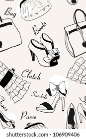 Doodle hand drawn girls' shoes and handbags seamless pattern.