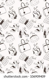 Doodle hand drawn girls' shoes and handbags seamless pattern.