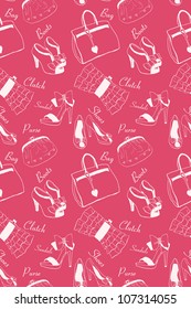 Doodle hand drawn girls' shoes and handbags seamless pattern.