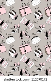 Doodle hand drawn girls' shoes and handbags seamless pattern.