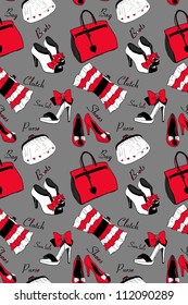 Doodle hand drawn girls' shoes and handbags seamless pattern.