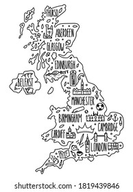 doodle hand drawn Great Britain map. detailed reliable map with cities. Symbols, known associations. cartoon landmarks, tourist attractions cliparts. travel, trip comic. Vector illustration