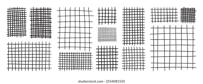 Doodle hand drawn grids for notes. Square grid and striped pattern. Geometric plaid pattern with pencil lines and strokes. Vector illustration