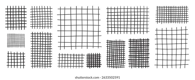 Doodle hand drawn grids for notes. Square grid and striped pattern. Geometric plaid pattern with pencil lines and strokes. Vector illustration