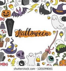 Doodle hand drawn Halloween greeting card design. Cute Halloween doodles with ghosts, broomstick, pumpkins and other cute things.