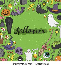 Doodle hand drawn Halloween greeting card design. Cute Halloween doodles with ghosts, broomstick, pumpkins and other cute things.