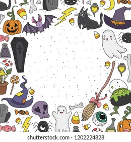 Doodle hand drawn Halloween greeting card design. Cute Halloween doodles with ghosts, broomstick, pumpkins and other cute things.