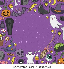 Doodle hand drawn Halloween greeting card design. Cute Halloween doodles with ghosts, broomstick, pumpkins and other cute things.