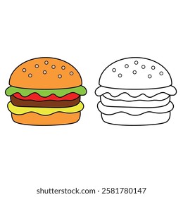 Doodle hand drawn hamburger, burger clipart vector. Burger coloring page printable. Trace and color burger worksheets. Cartoon burger vector.