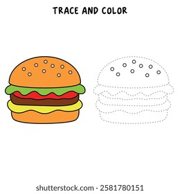 Doodle hand drawn hamburger, burger clipart vector. Burger coloring page printable. Trace and color burger worksheets. Cartoon burger vector.