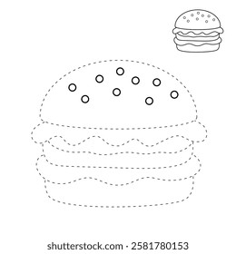 Doodle hand drawn hamburger, burger clipart vector. Burger coloring page printable. Trace and color burger worksheets. Cartoon burger vector.